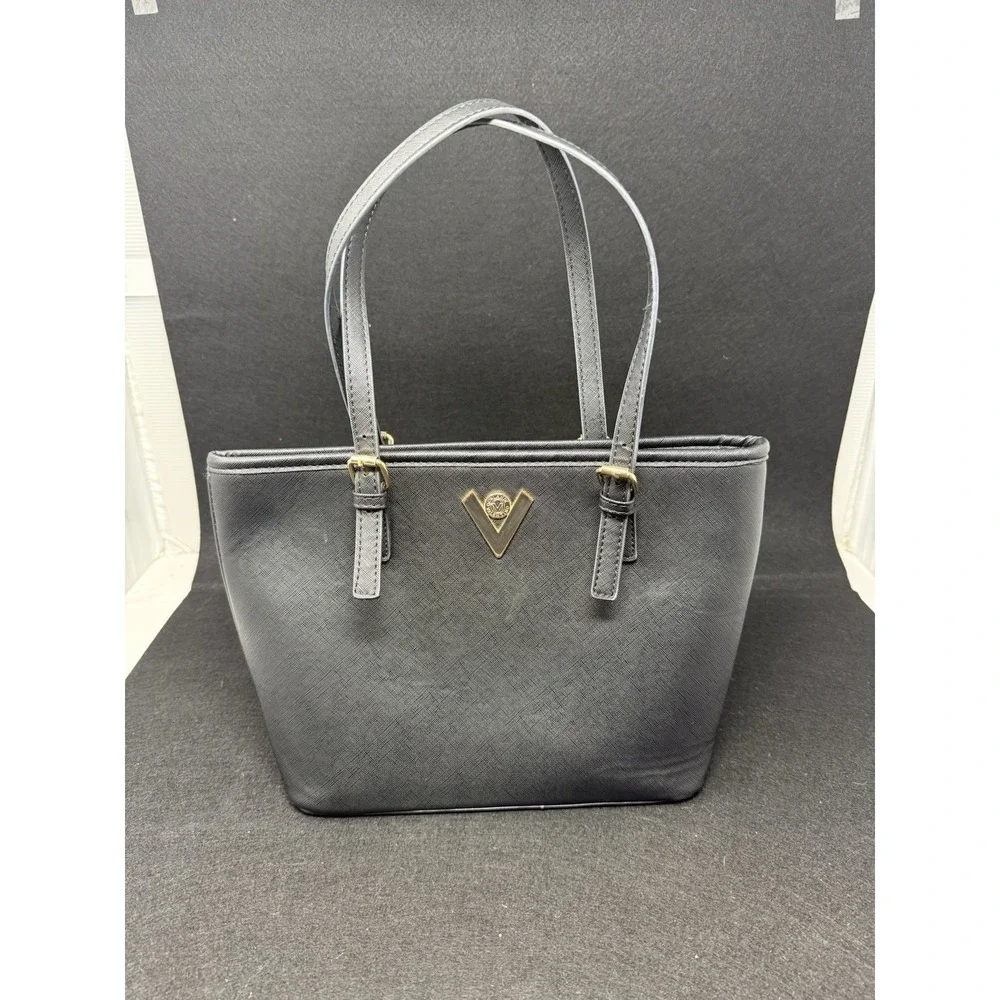 Orlandi Valentino Black Tote Handbag Gold Tone Logo Shoulder Bag Large Purse